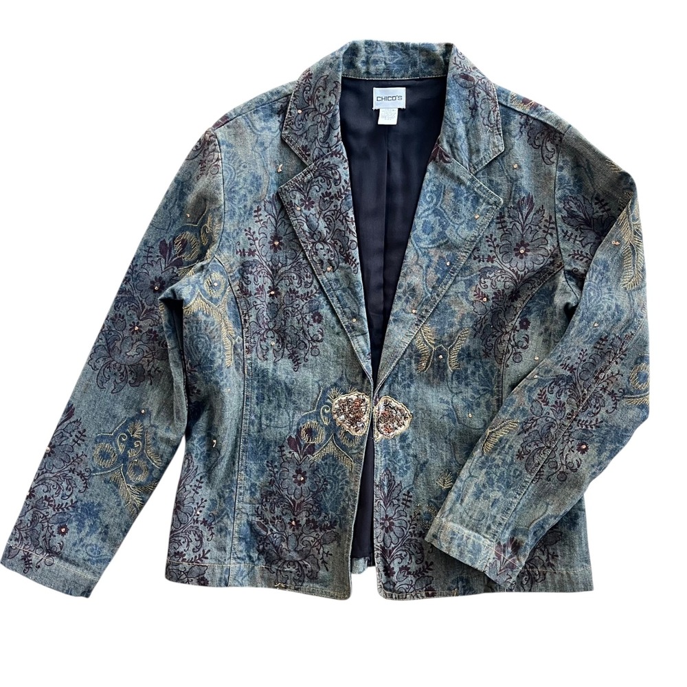 Chico's Womens L Blue Floral Paisley Embellished Beaded Denim Jacket Blazer Boho